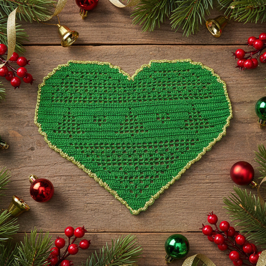 Centrino di Natale verde e oro con alberelli ad uncinetto 26x18 cm