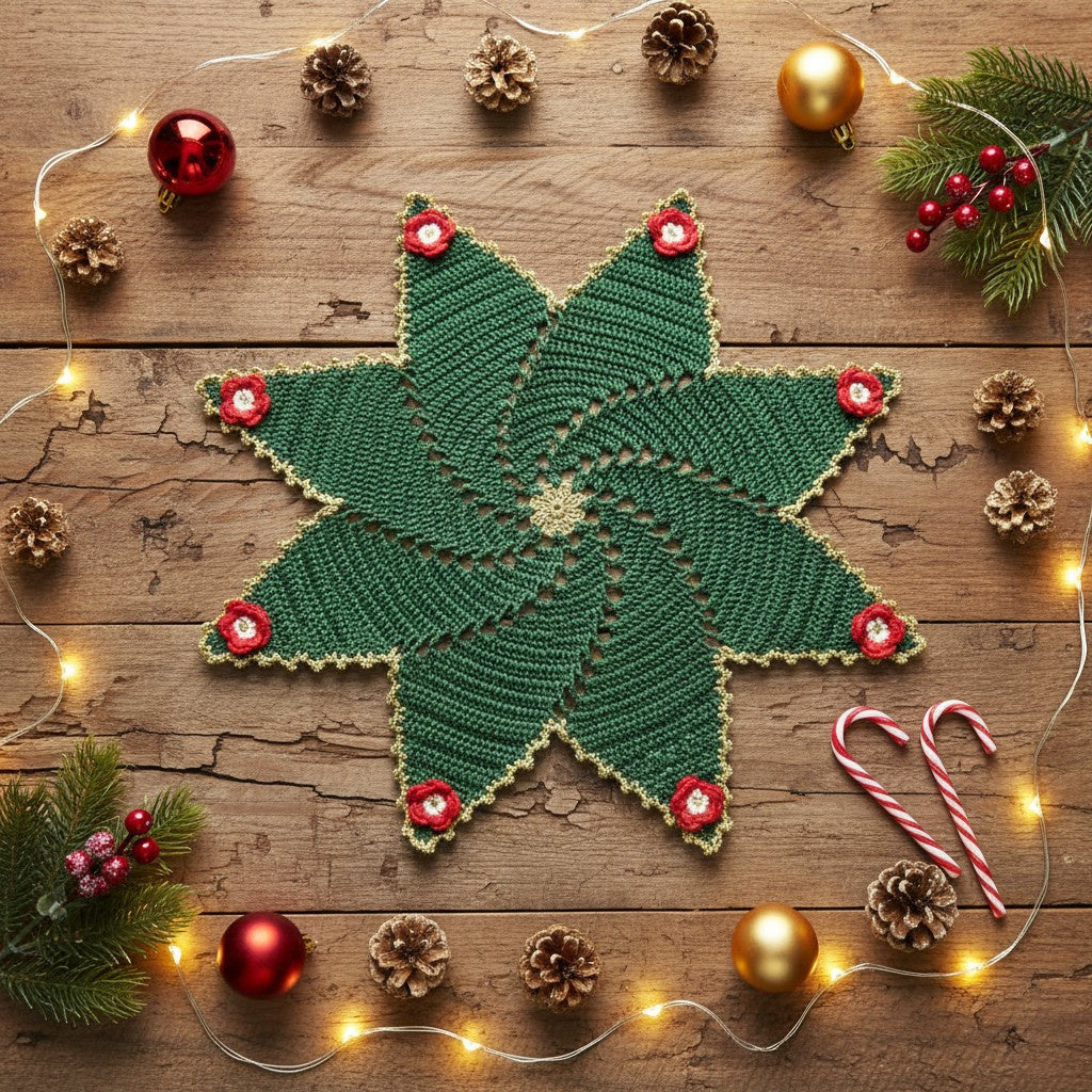 Centrino di Natale verde scuro e oro ad uncinetto 36 cm