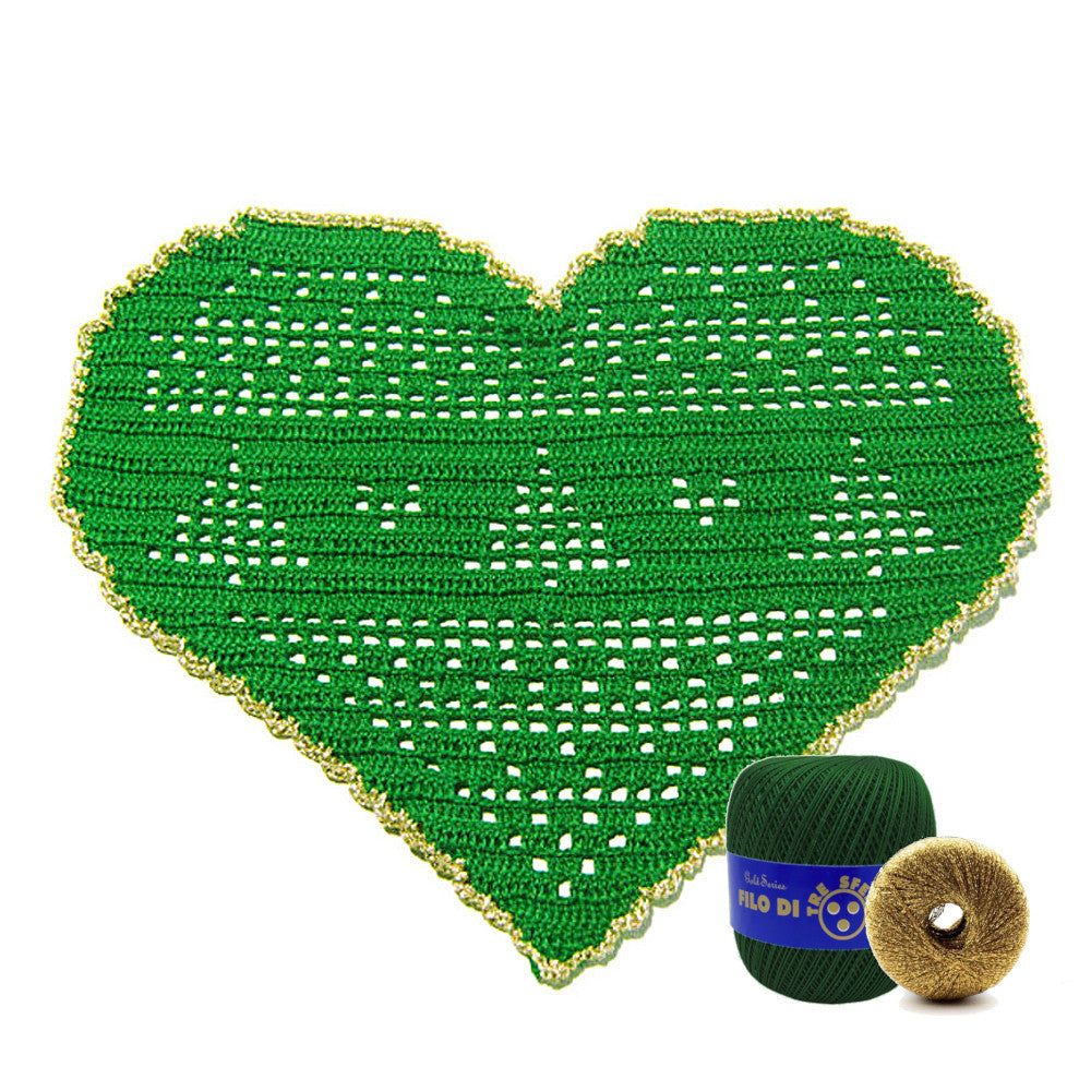 Centrino di Natale verde scuro e oro con alberelli ad uncinetto 26x18 cm