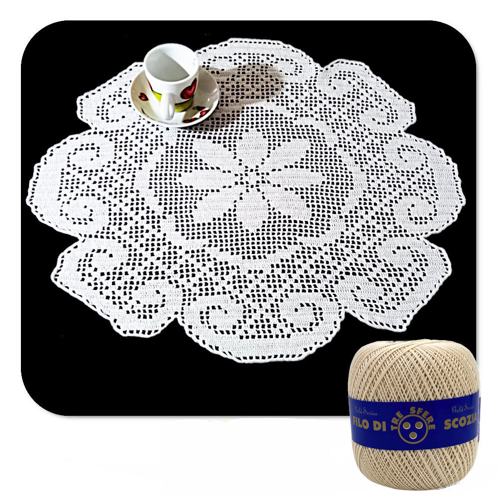 Centrino filet beige rotondo con fiore ad uncinetto 50 cm