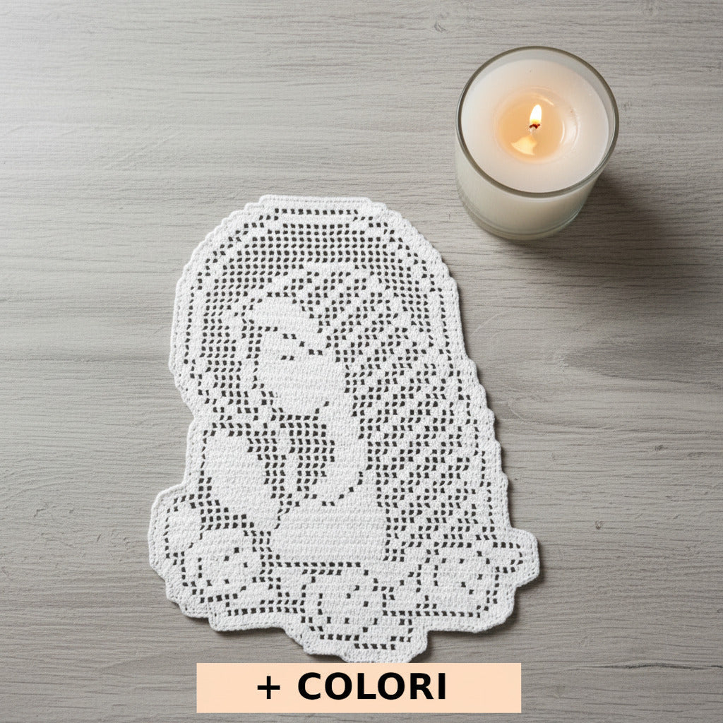Centrino filet bianco Madonna che prega ad uncinetto 28x32 cm