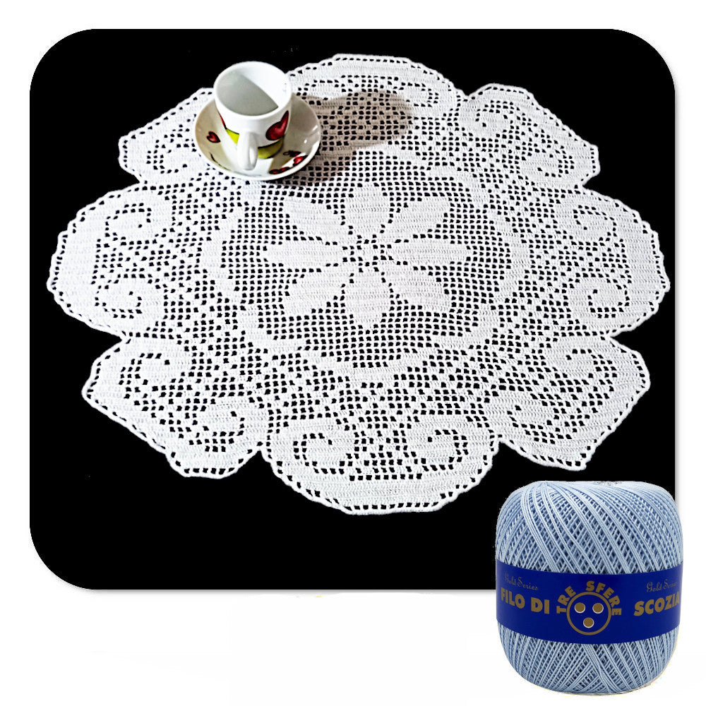 Centrino filet celeste rotondo con fiore ad uncinetto 50 cm