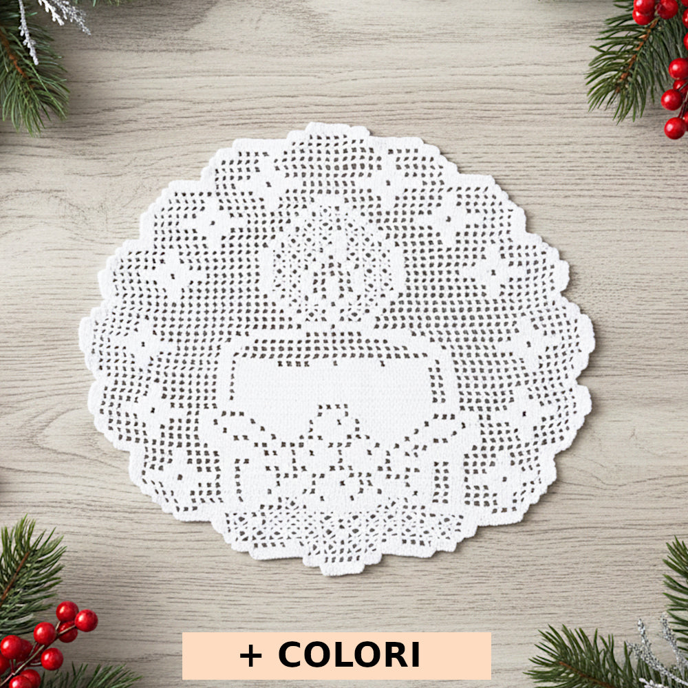 Centrino filet di Natale bianco con candela ad uncinetto 32 cm