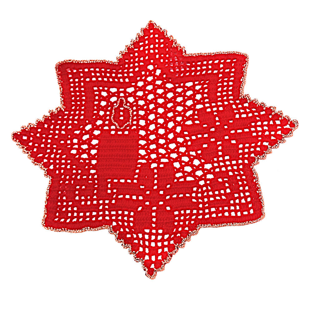 Centrino filet di Natale rosso con bordo oro ad uncinetto 34 cm