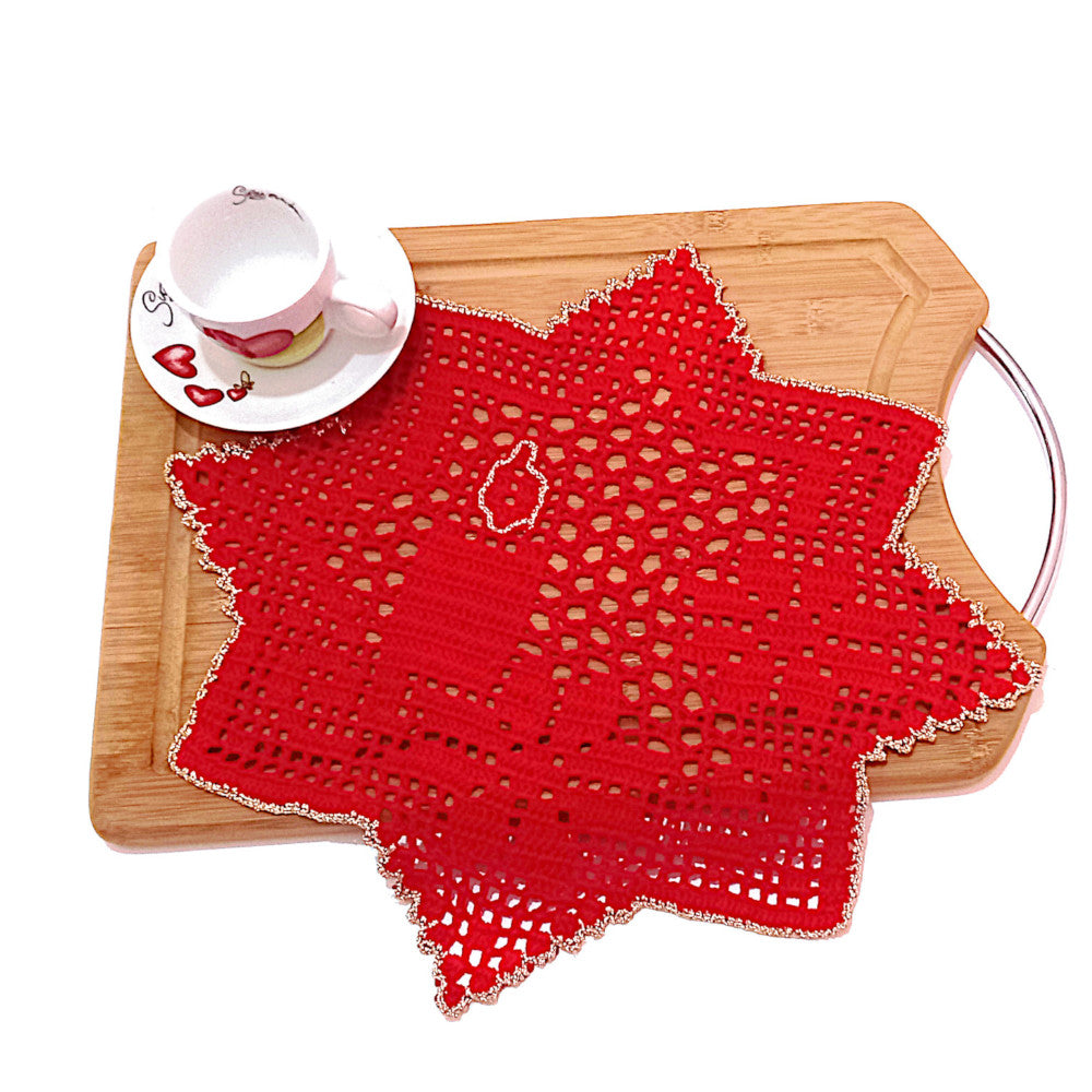 Centrino filet di Natale rosso con bordo oro ad uncinetto 34 cm