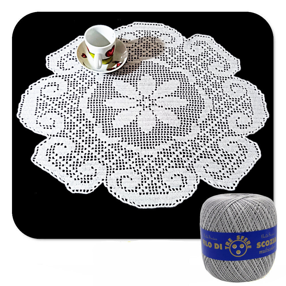 Centrino filet grigio chiaro rotondo con fiore ad uncinetto 50 cm