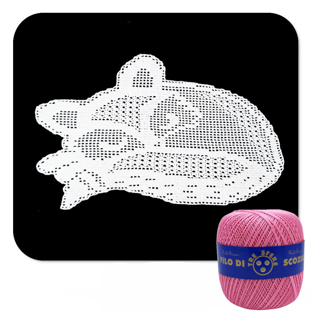 Centrino filet rosa scuro a forma di volpe ad uncinetto 40x25 cm