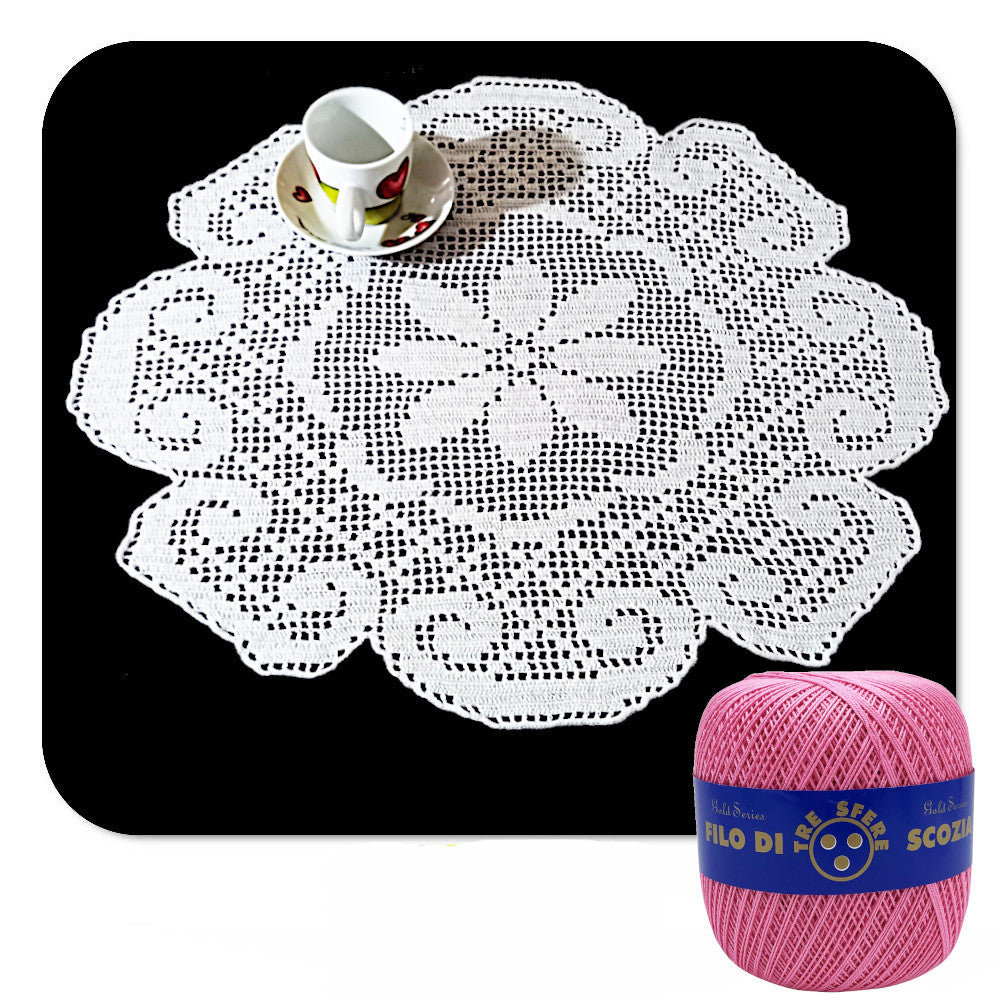 Centrino filet rosa scuro rotondo con fiore ad uncinetto 50 cm