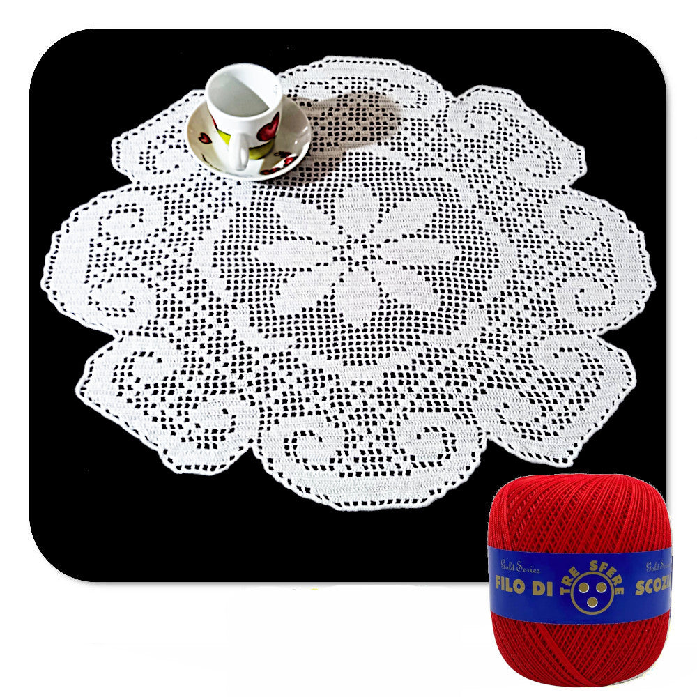 Centrino filet rosso rotondo con fiore ad uncinetto 50 cm