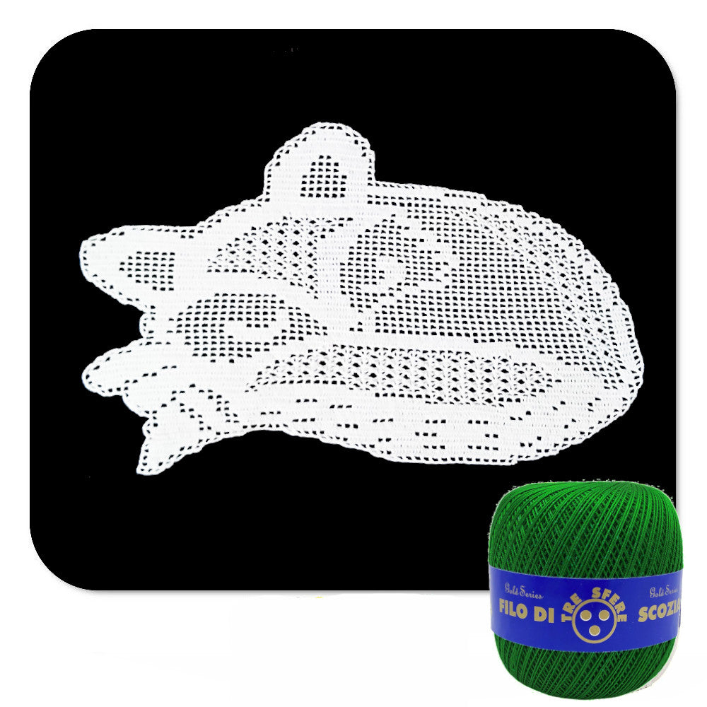 Centrino filet verde a forma di volpe ad uncinetto 40x25 cm