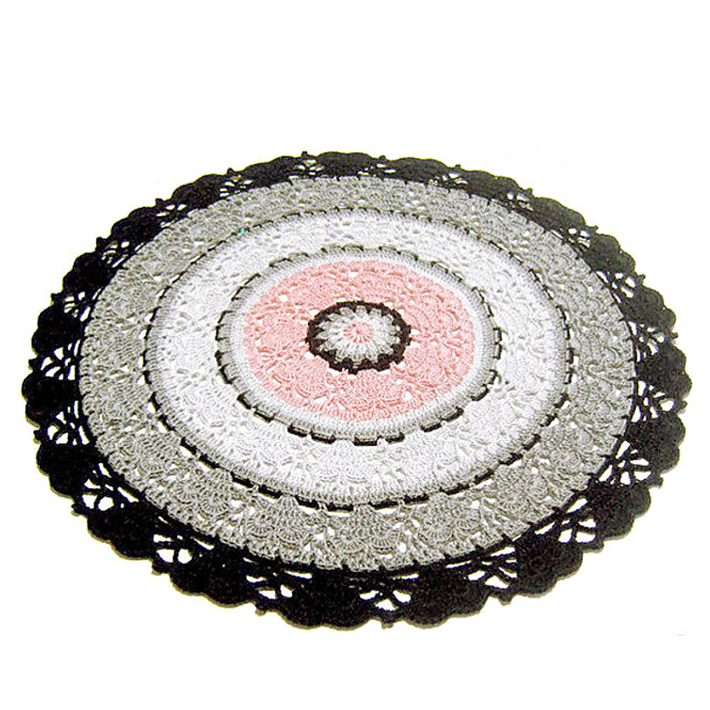 Centrino rosa grigio e nero rotondo ad uncinetto 33 cm