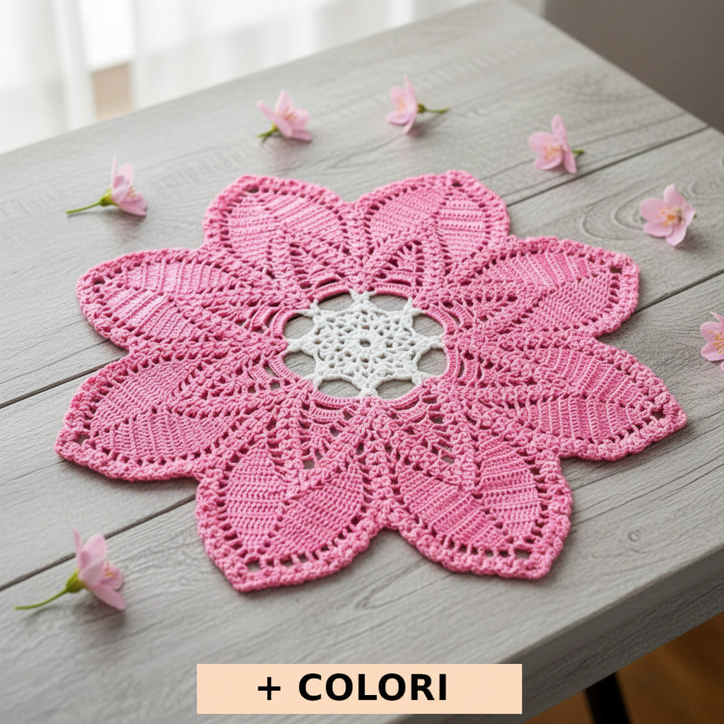 Centrino rosa scuro e bianco rotondo ad uncinetto 37 cm