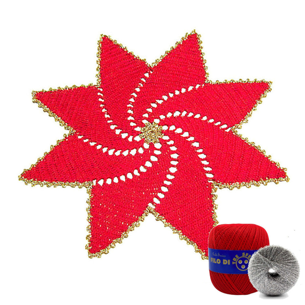Centrino stella di Natale rosso e argento ad uncinetto 36 cm