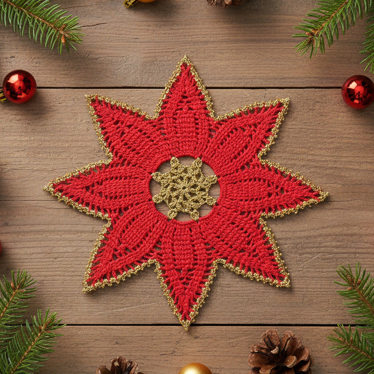 Centrino stella di Natale rosso e oro ad uncinetto 35 cm