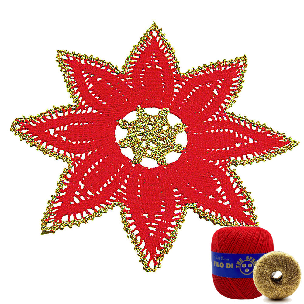 Centrino stella di Natale rosso e oro ad uncinetto 35 cm