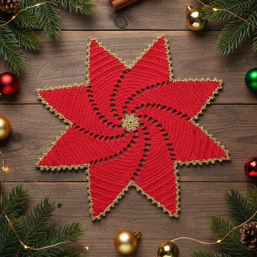 Centrino stella di Natale rosso e oro ad uncinetto 36 cm