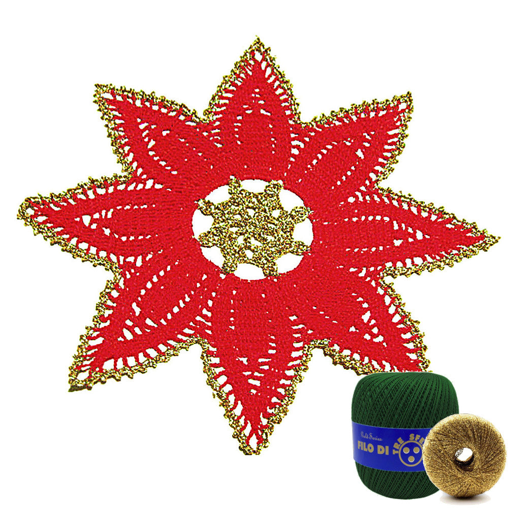 Centrino stella di Natale verde scuro e oro ad uncinetto 35 cm