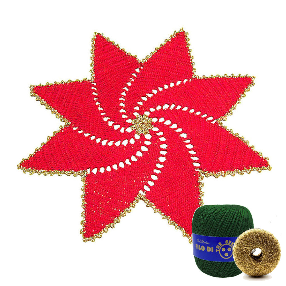 Centrino stella di Natale verde scuro e oro ad uncinetto 36 cm