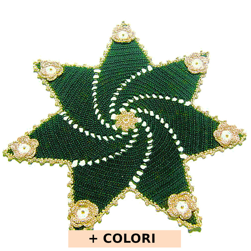 Centrino stella di Natale verde scuro e oro ad uncinetto 36 cm