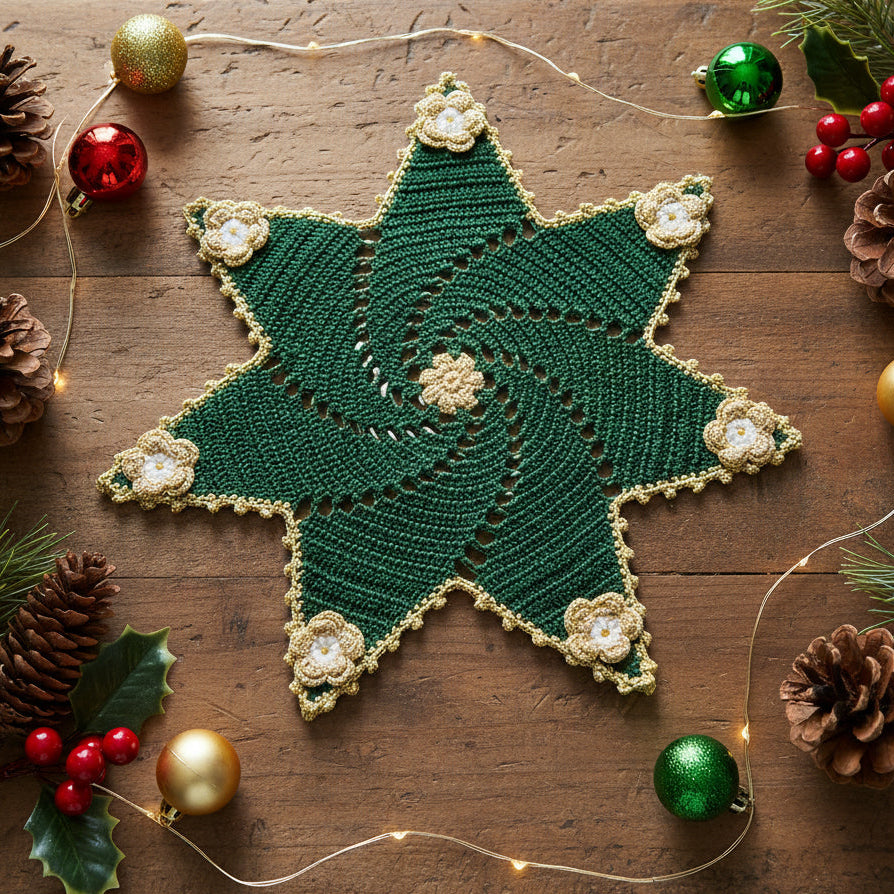 Centrino stella di Natale verde scuro e oro ad uncinetto 36 cm