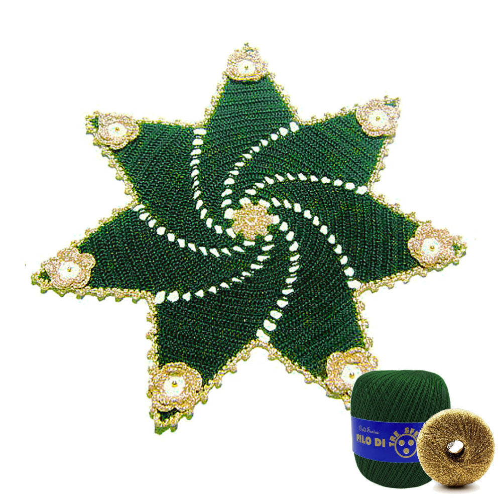 Centrino stella di Natale verde scuro e oro ad uncinetto 36 cm