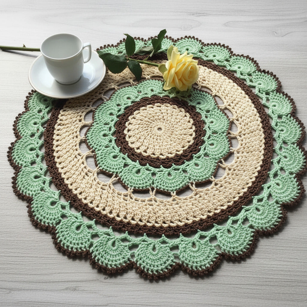 Centrino verde beige e marrone rotondo ad uncinetto 42 cm