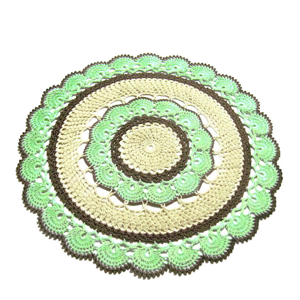 Centrino verde beige e marrone rotondo ad uncinetto 42 cm