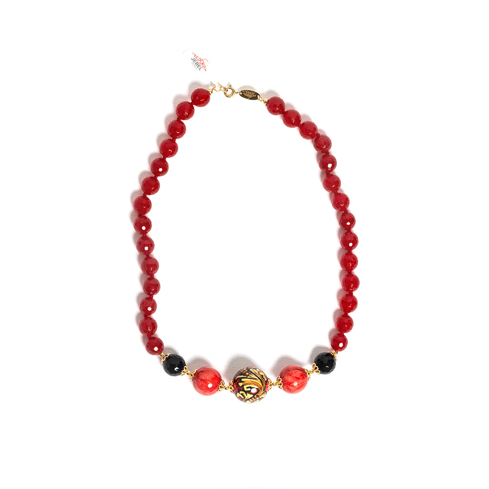 Collana Acicastello in agata bordeaux e perla in ceramica di Caltagirone
