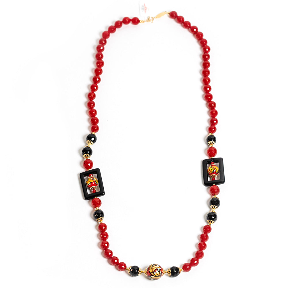 Collana Agrigento in agata rossa e perle in ceramica di Caltagirone