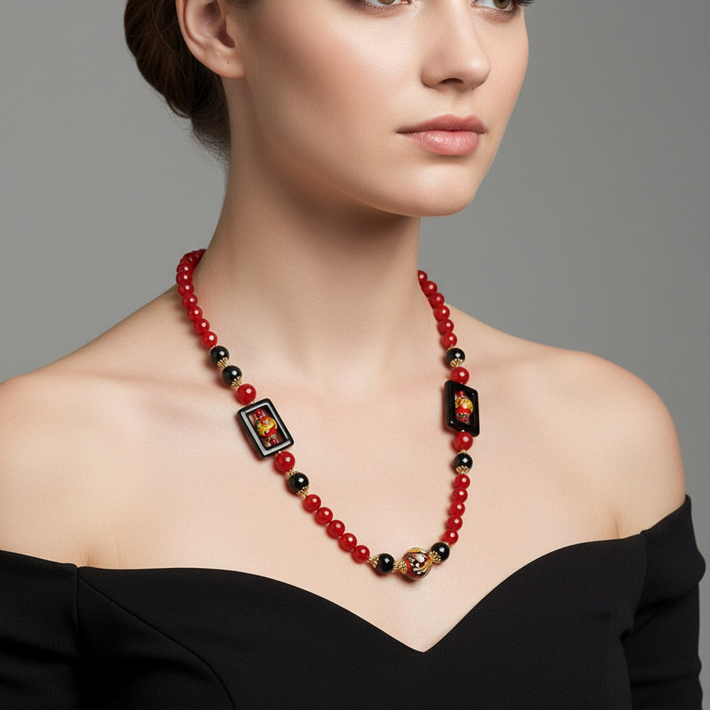 Collana Agrigento in agata rossa e perle in ceramica di Caltagirone