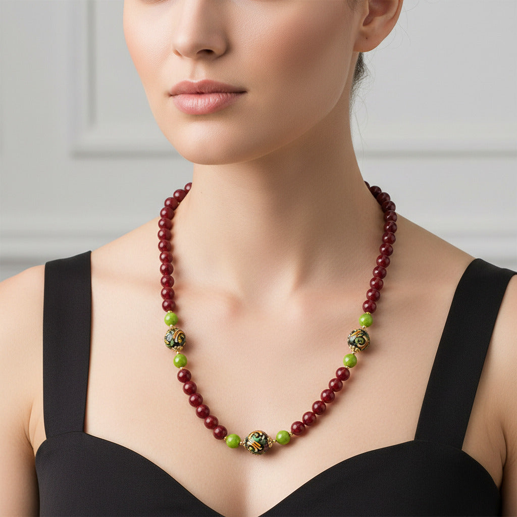 Collana Caltagirone in agata rossa e perle in ceramica di Caltagirone