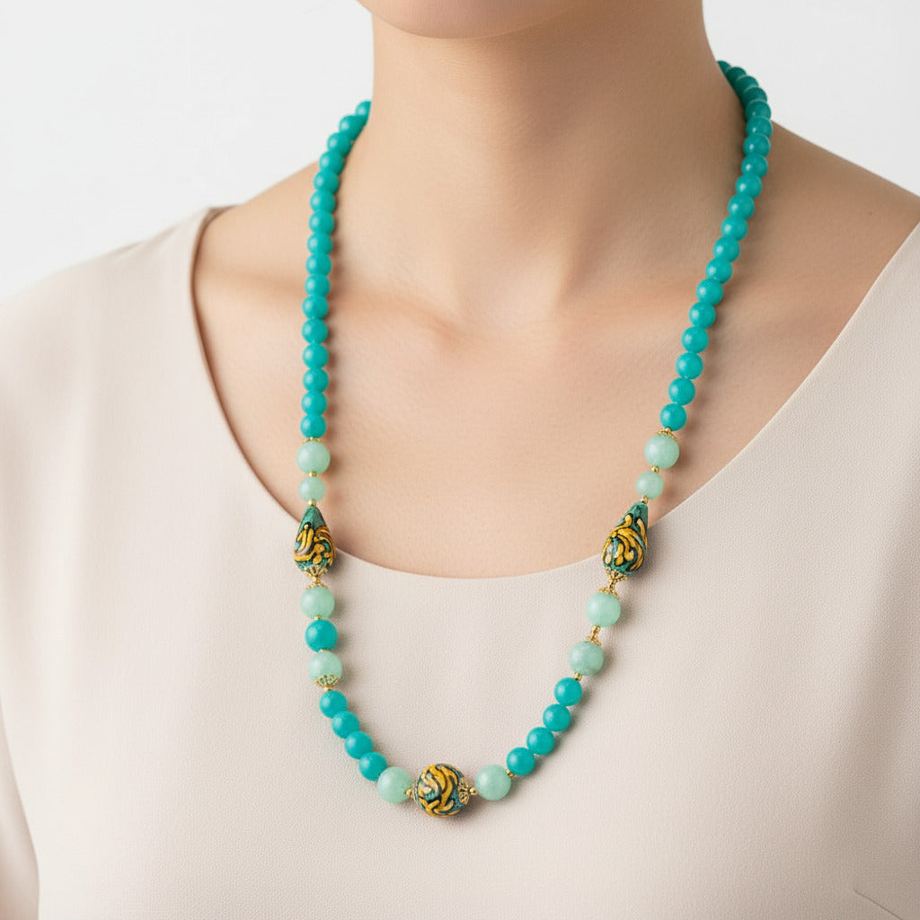 Collana Capo D’Orlando in agata verde e perle in ceramica di Caltagirone