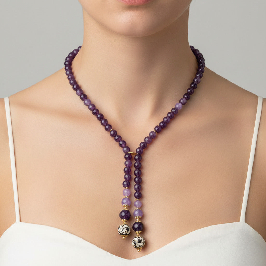 Collana Castelbuono in agata viola e perle in ceramica di Caltagirone