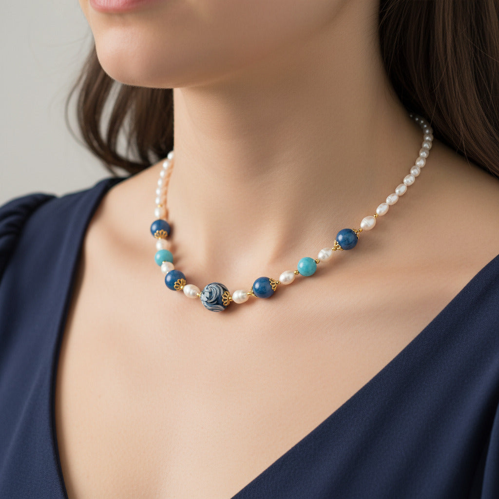 Collana Castell’Umberto in perle di fiume e perle in ceramica di Caltagirone