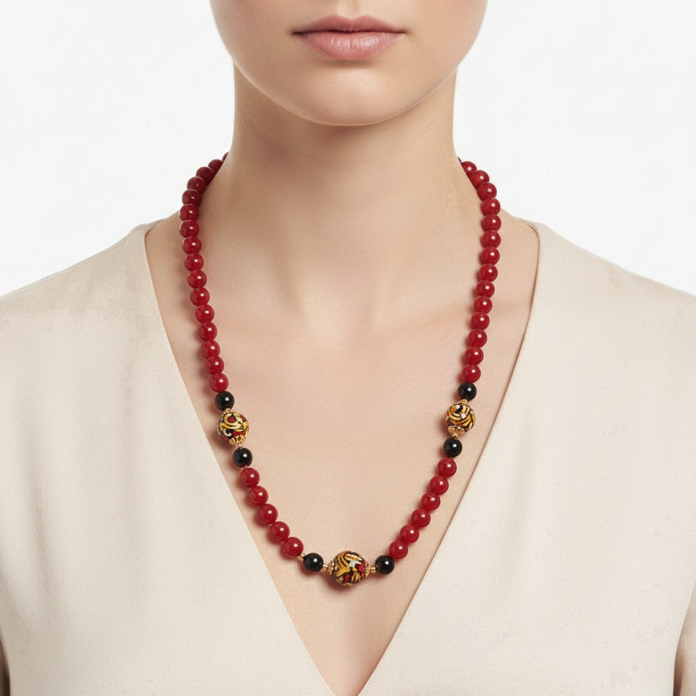 Collana Catania in agata rossa e perle in ceramica di Caltagirone