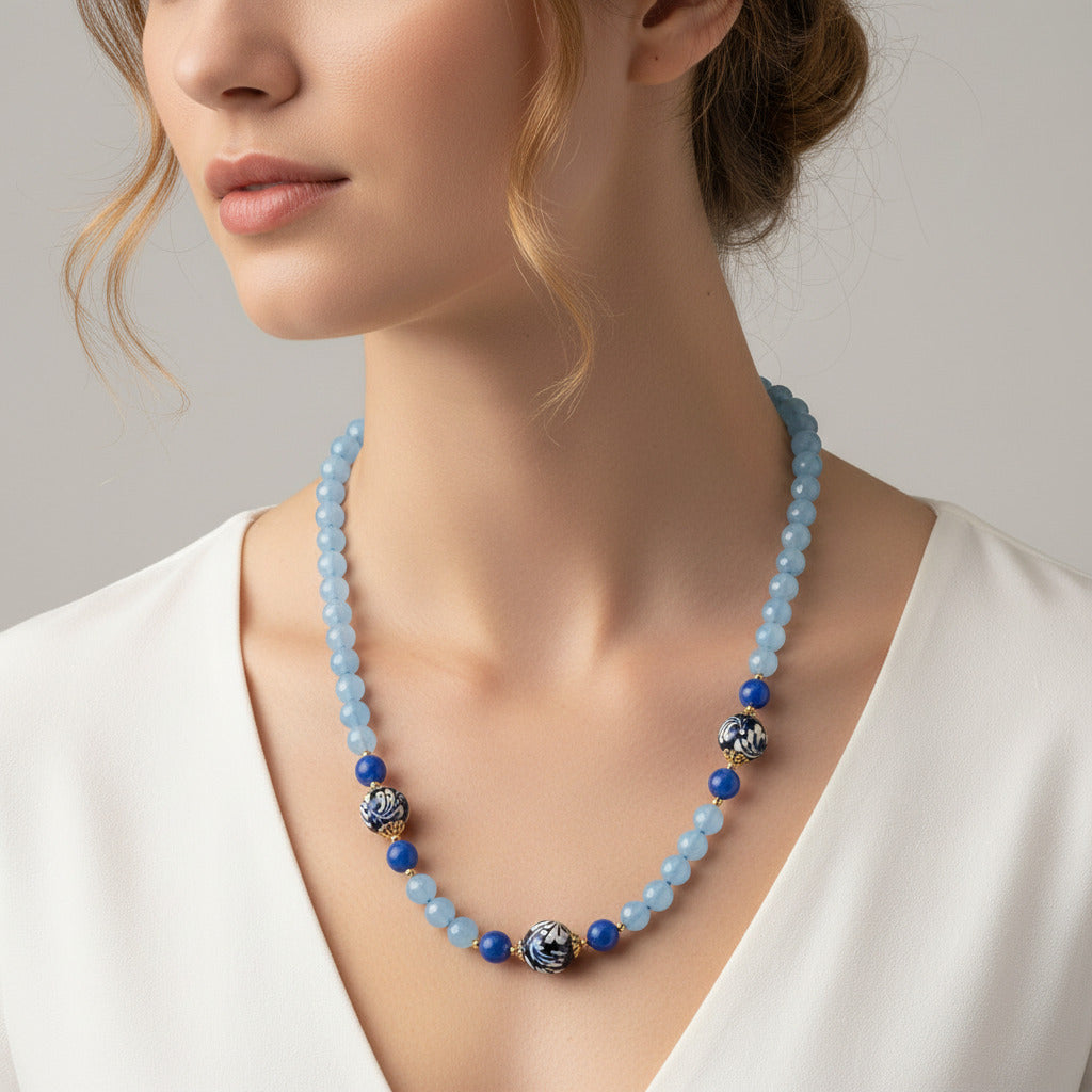 Collana Cefalu' in angelite e perle in ceramica di Caltagirone