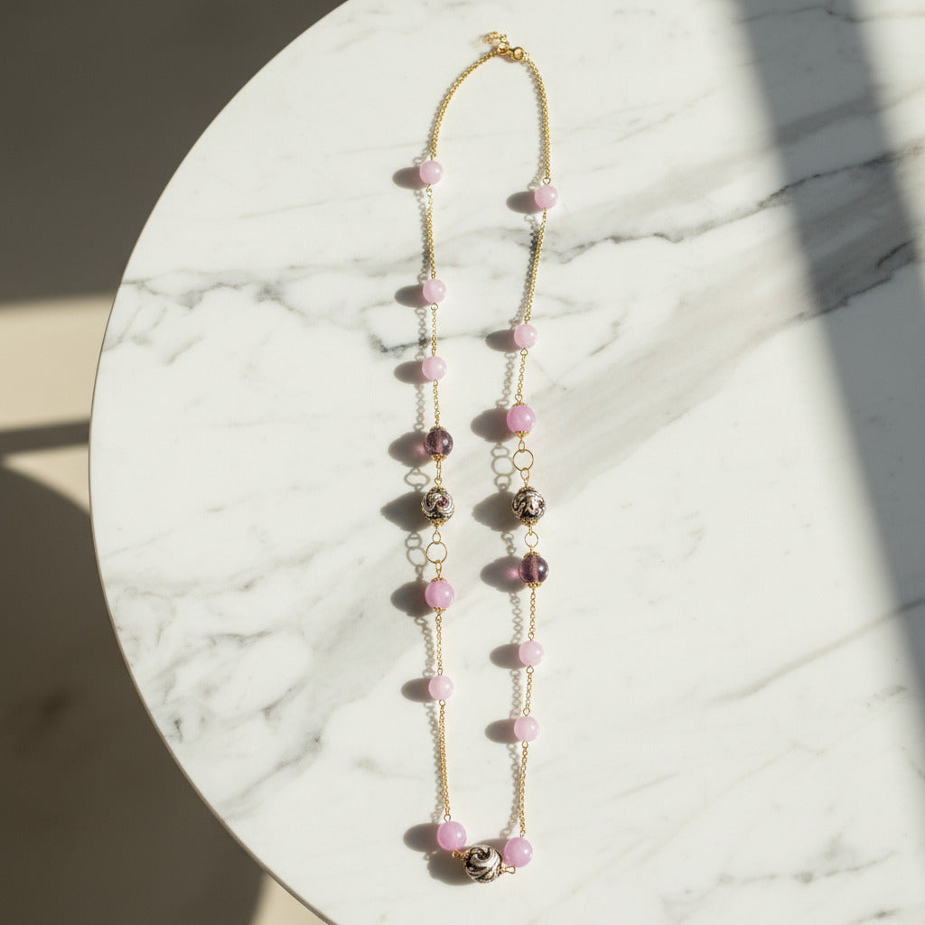 Collana Chanel 10 in agata glicine e perle in ceramica di Caltagirone