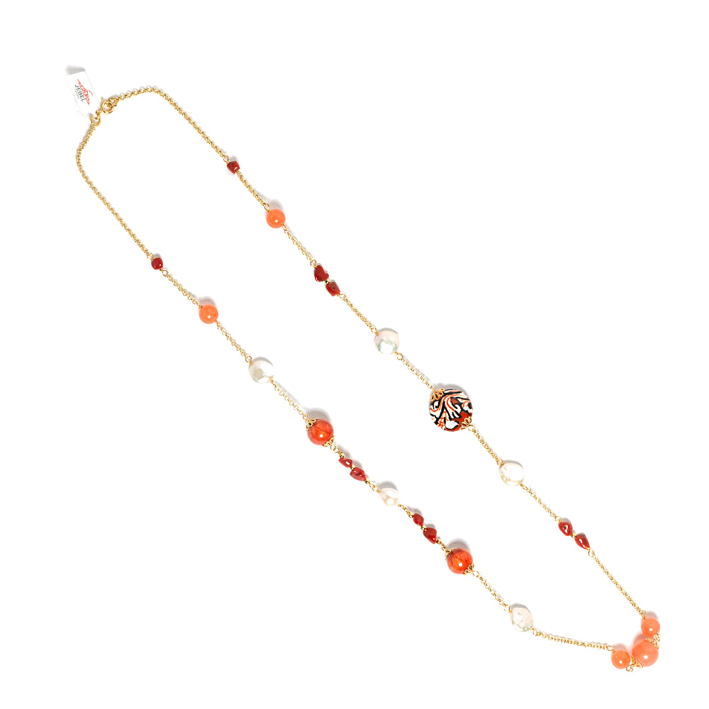 Collana Chanel 16 in agata arancio e perle in ceramica di Caltagirone