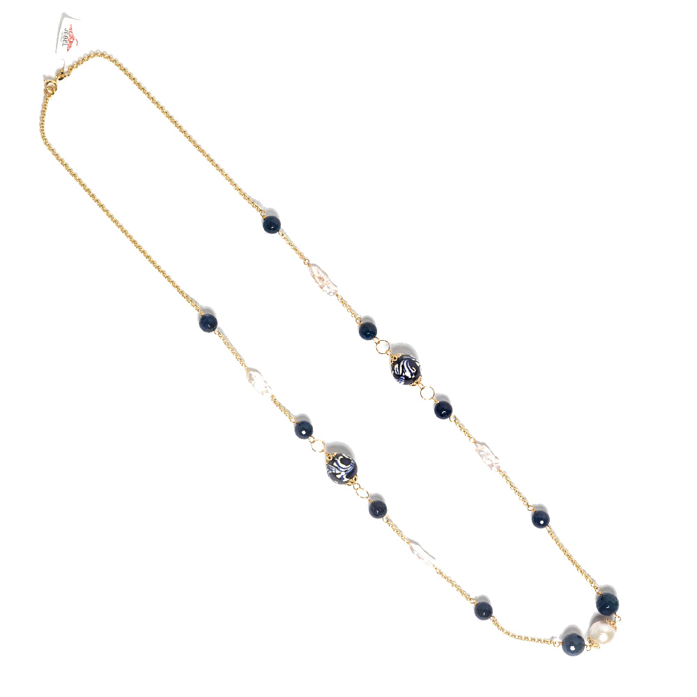 Collana Chanel 19 in agata blu e perle in ceramica di Caltagirone