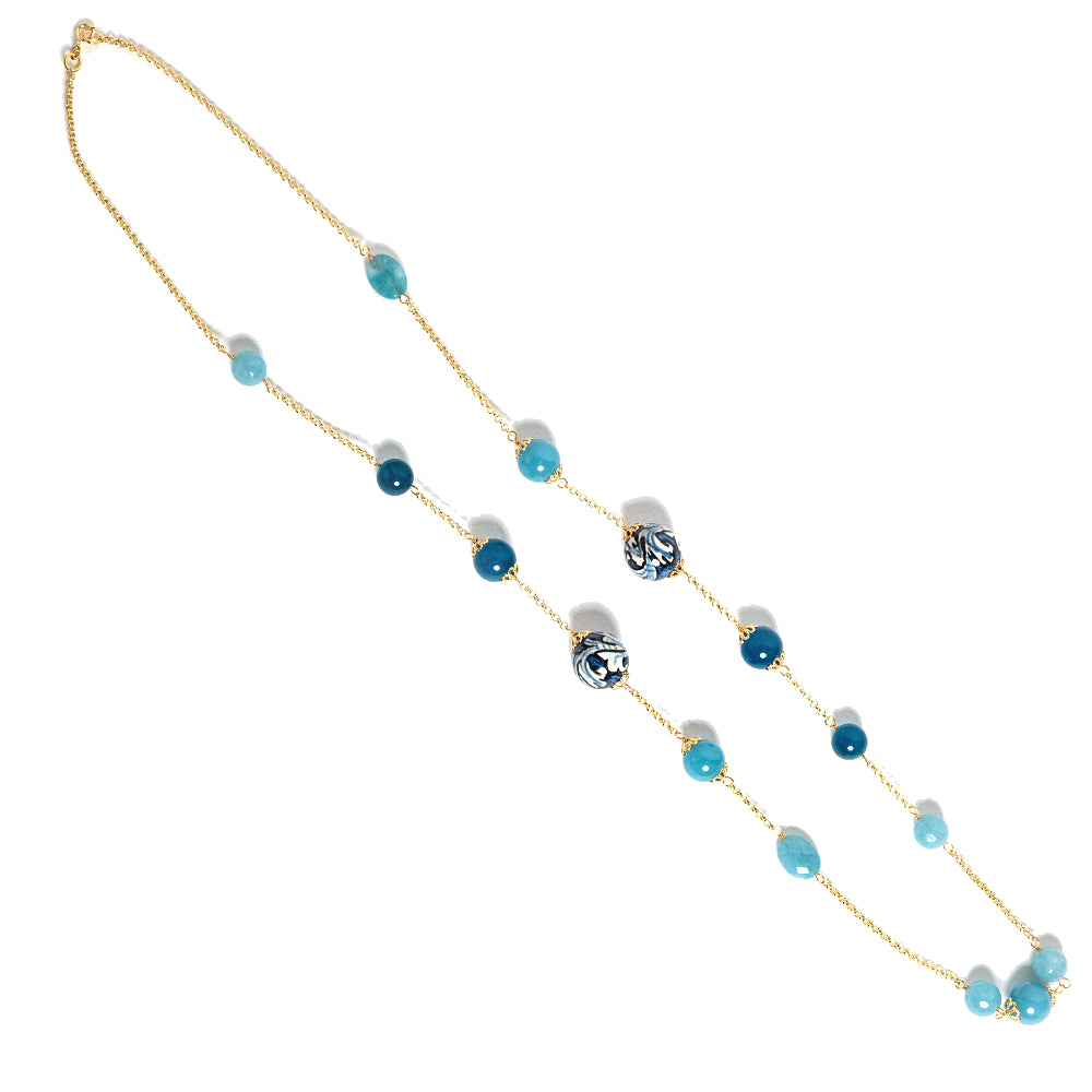 Collana Chanel 2 in angelite, agata blu e perle in ceramica di Caltagirone