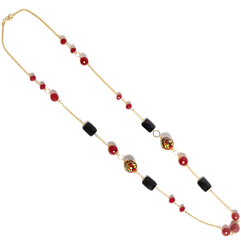 Collana Chanel 6 in agata bordeaux e perle in ceramica di Caltagirone