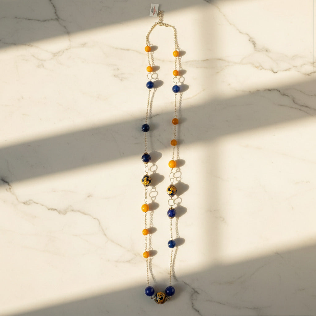 Collana Chanel 9 in agata gialla e perle in ceramica di Caltagirone