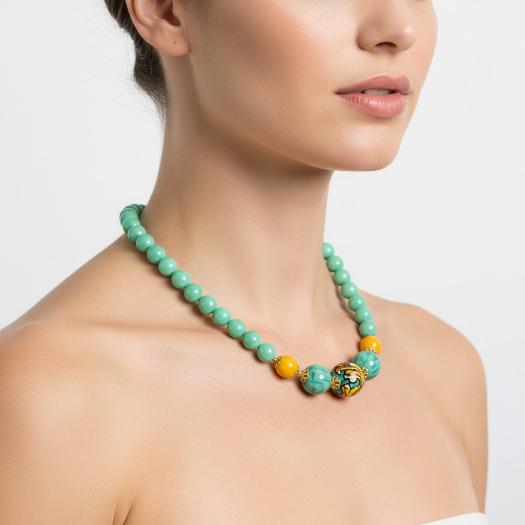 Collana Erice in agata verde e perle in ceramica di Caltagirone