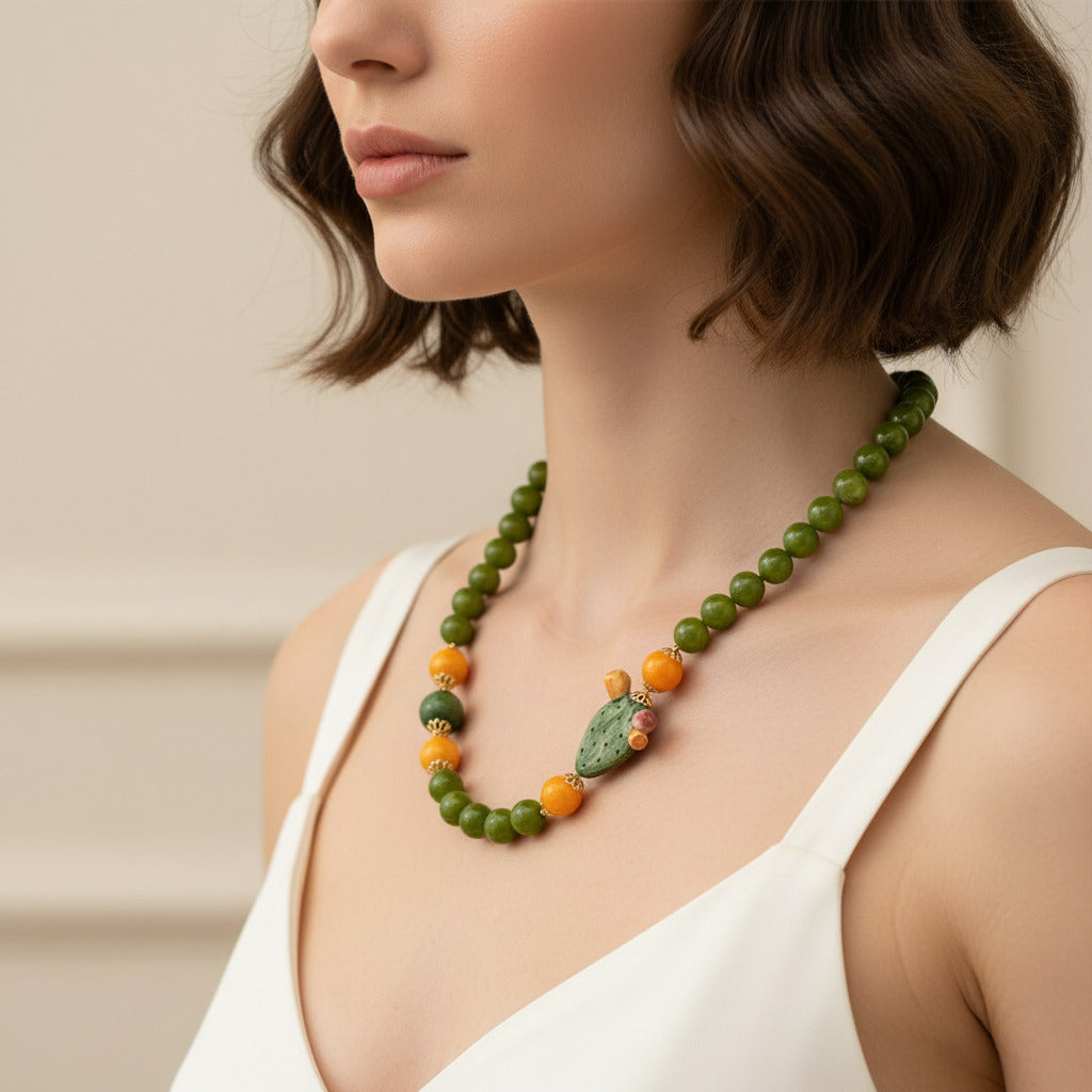 Collana Fichidindia in agata verde e pala in ceramica di Caltagirone