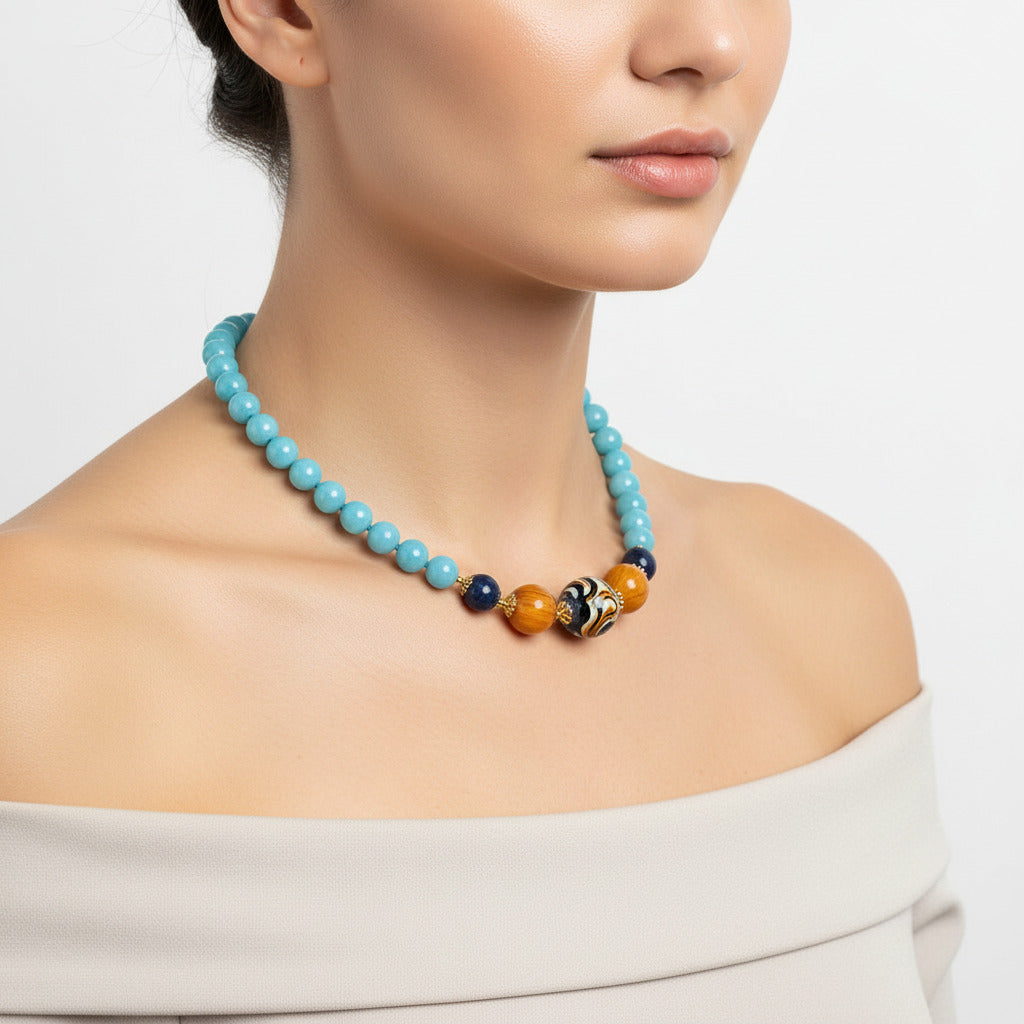 Collana Fleri in angelite e perle in ceramica di Caltagirone