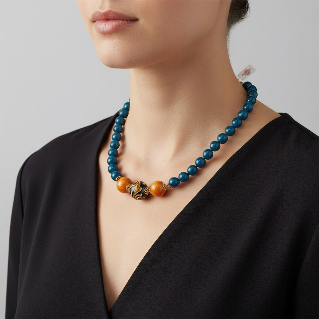 Collana Giarre in agata blu e perle in ceramica di Caltagirone