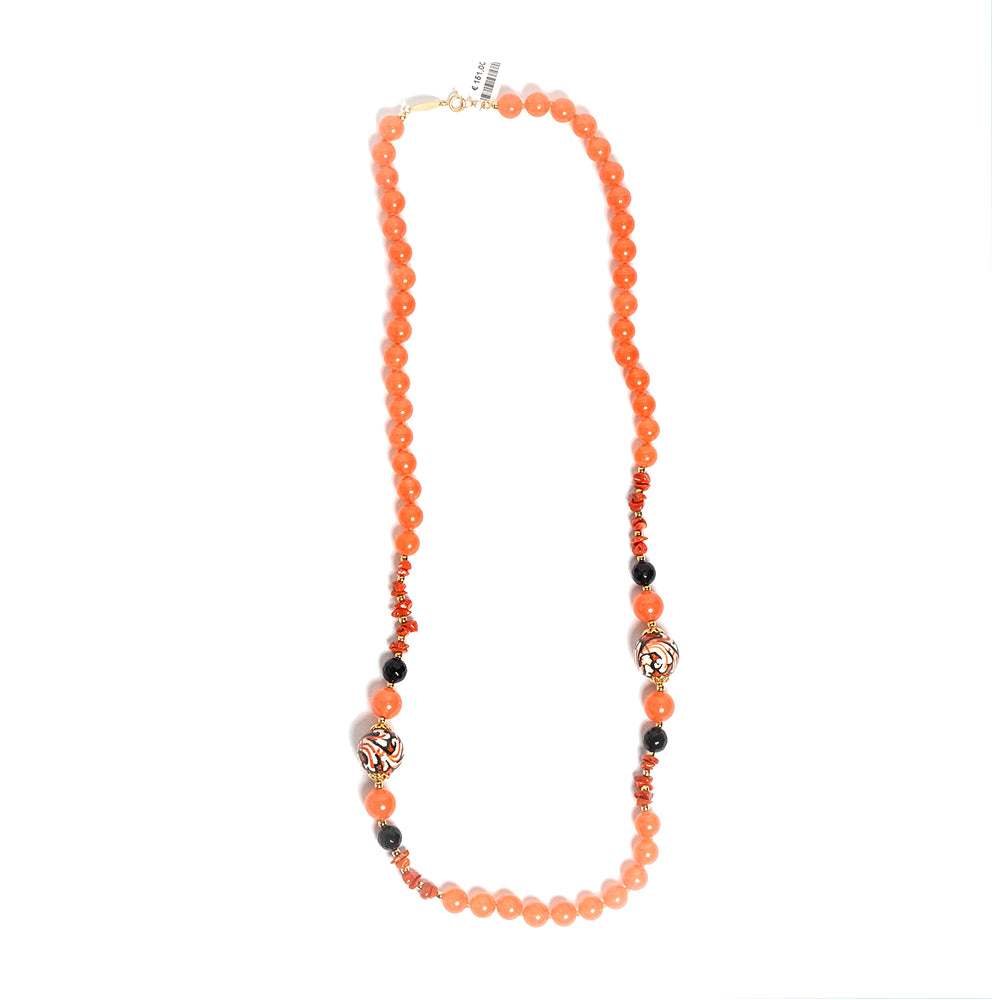 Collana Lampione in agata salmone e perle in ceramica di Caltagirone