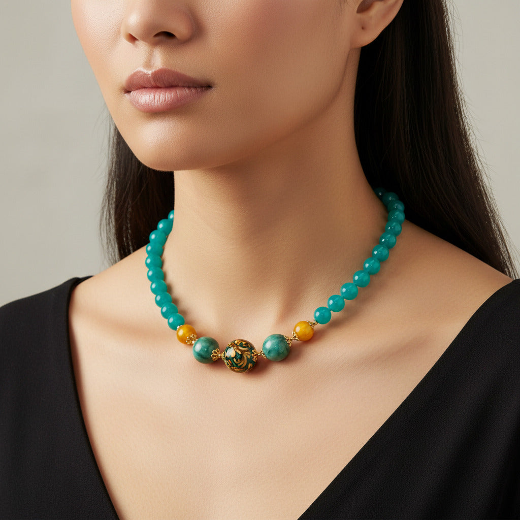 Collana Levanzo in agata verde e perle in ceramica di Caltagirone