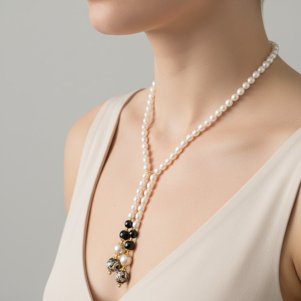 Collana Lipari in perle di fiume e perle in ceramica di Caltagirone