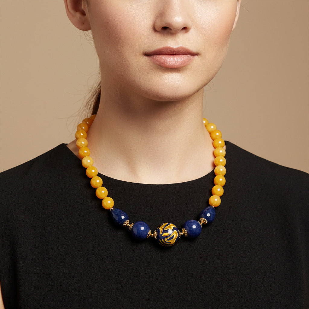 Collana Marsala in agata gialla e perle in ceramica di Caltagirone